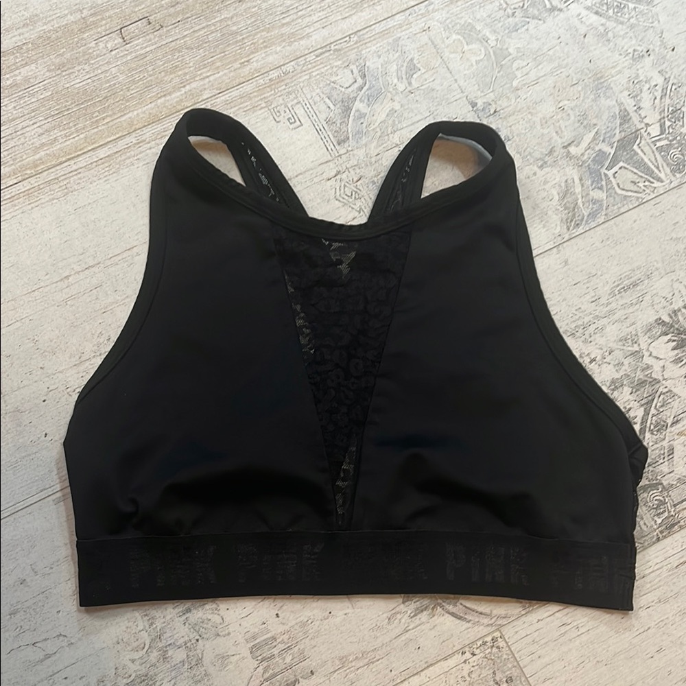 Pink Victoria’s Secret Black Cheetah Print Mesh High Neck Sports Bra